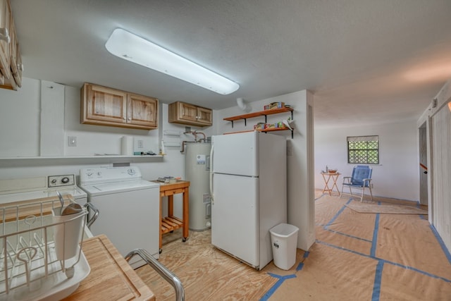 interior space with washer / dryer, light wood-type flooring, water heater, and a textured ceiling