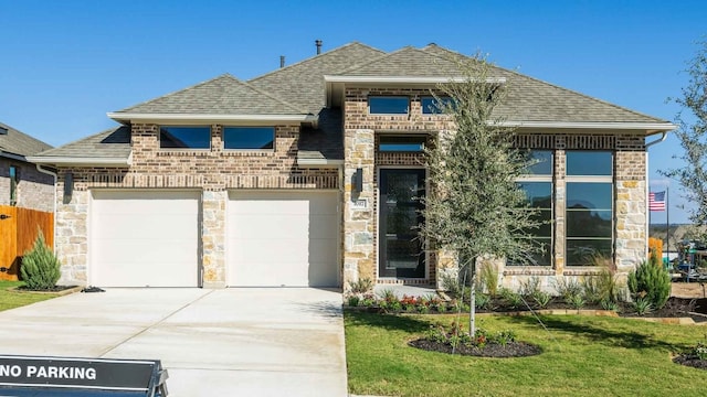 view of front of property featuring a front yard and a garage