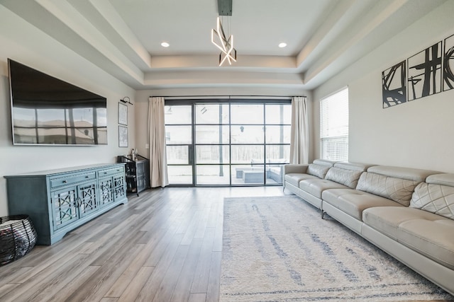 living room featuring a tray ceiling and wood-type flooring