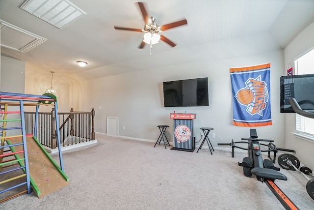 rec room with carpet flooring, lofted ceiling, and ceiling fan