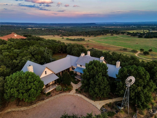 view of aerial view at dusk