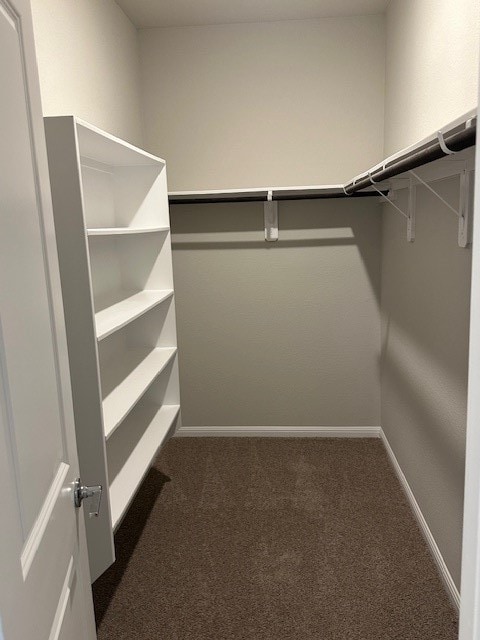 spacious closet featuring dark carpet