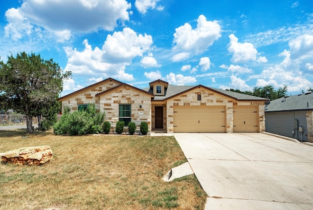 21707 Crystal Way, Lago Vista, TX 78645 - view of front facade with stone siding, concrete driveway, an attached garage, and a front yard