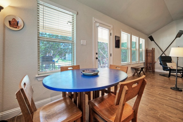 21707 Crystal Way, Lago Vista, TX 78645 - dining space with wood finished floors, lofted ceiling, baseboards, and a textured wall