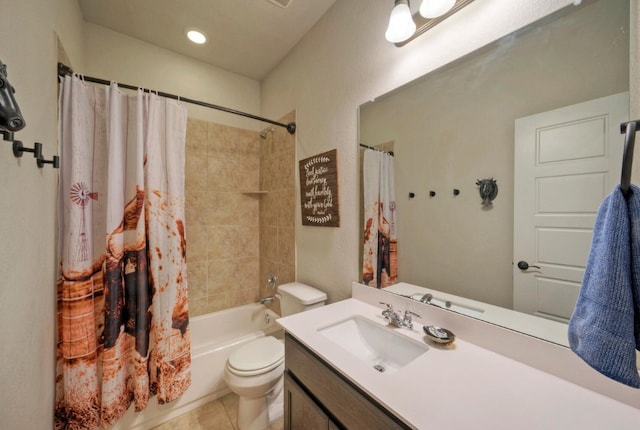 full bathroom featuring shower / bath combination with curtain, tile patterned floors, vanity, and toilet