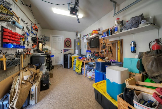 21707 Crystal Way, Lago Vista, TX 78645 - garage with a workshop area, water heater, and a garage door opener