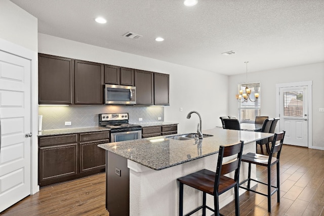 kitchen featuring appliances with stainless steel finishes, tasteful backsplash, pendant lighting, an island with sink, and wood-type flooring