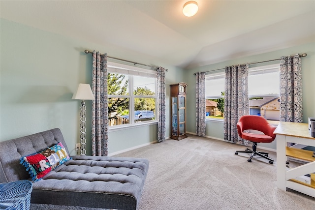 carpeted office space with vaulted ceiling