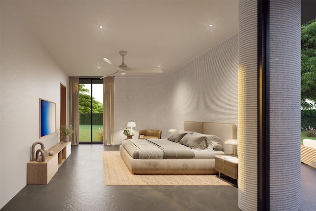 bedroom featuring ceiling fan, floor to ceiling windows, and access to outside