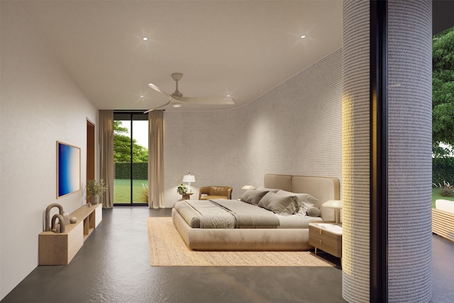 bedroom with ceiling fan, access to exterior, and floor to ceiling windows