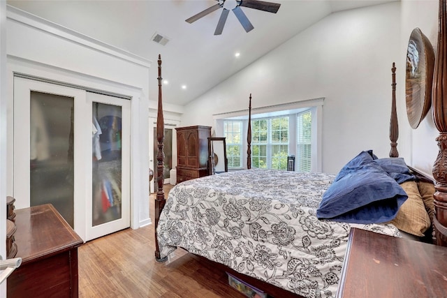 bedroom featuring access to outside, high vaulted ceiling, ceiling fan, and light wood-type flooring