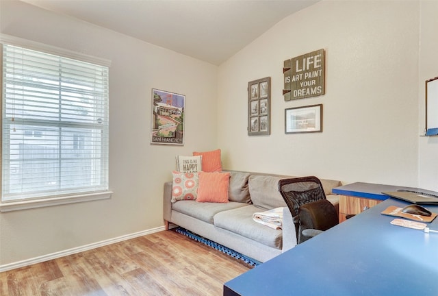 living room with hardwood / wood-style flooring and lofted ceiling