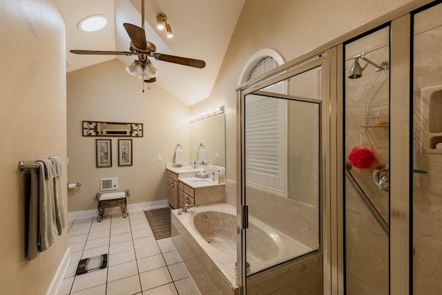 bathroom with ceiling fan, tile patterned flooring, vanity, vaulted ceiling, and shower with separate bathtub