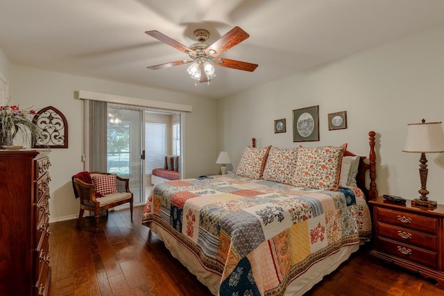 bedroom with access to outside, dark hardwood / wood-style flooring, and ceiling fan