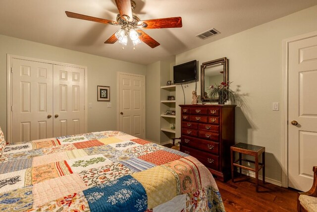 bedroom featuring a closet, ceiling fan, and dark hardwood / wood-style floors