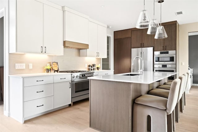 kitchen featuring sink, a kitchen island with sink, white cabinetry, stainless steel appliances, and dark brown cabinetry