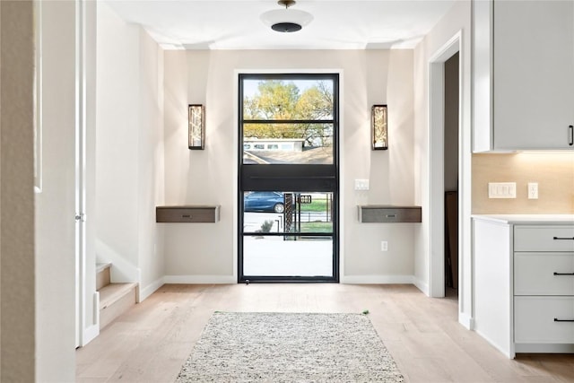 doorway with a wealth of natural light and light hardwood / wood-style flooring