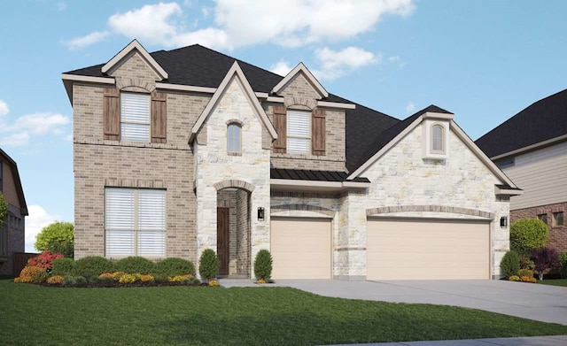 french country home featuring driveway, a standing seam roof, an attached garage, a front lawn, and brick siding