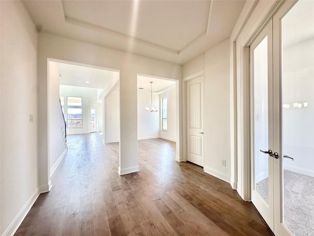 corridor with french doors, a healthy amount of sunlight, and hardwood / wood-style flooring