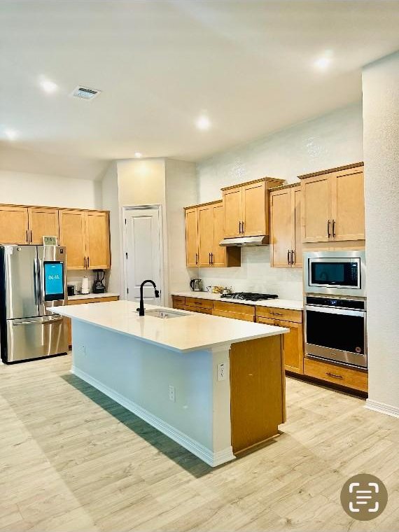 kitchen with appliances with stainless steel finishes, light hardwood / wood-style floors, sink, and a center island with sink