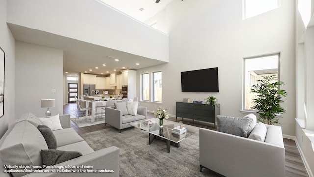 living room featuring a high ceiling, wood-type flooring, and ceiling fan