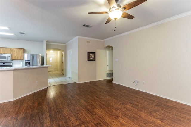 unfurnished living room with ceiling fan, light wood-type flooring, and crown molding