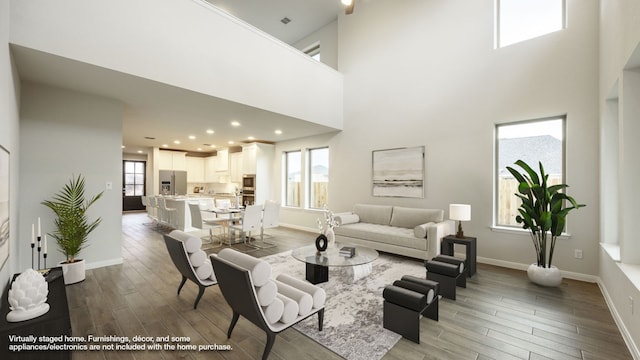 living room featuring wood-type flooring and a high ceiling