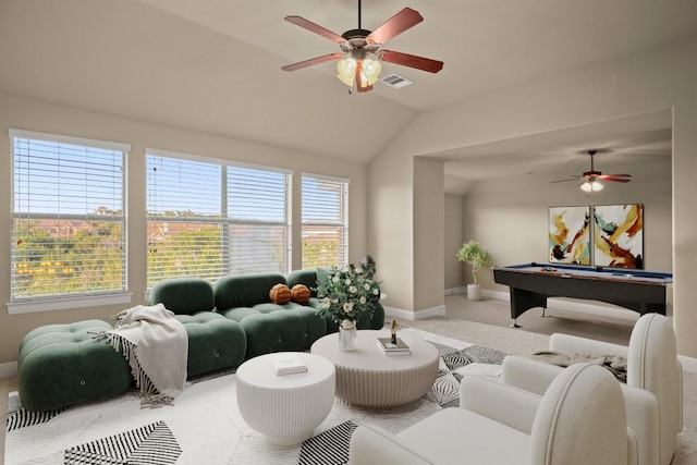 interior space featuring baseboards, visible vents, ceiling fan, and billiards