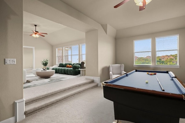 game room featuring carpet, a ceiling fan, lofted ceiling, and pool table