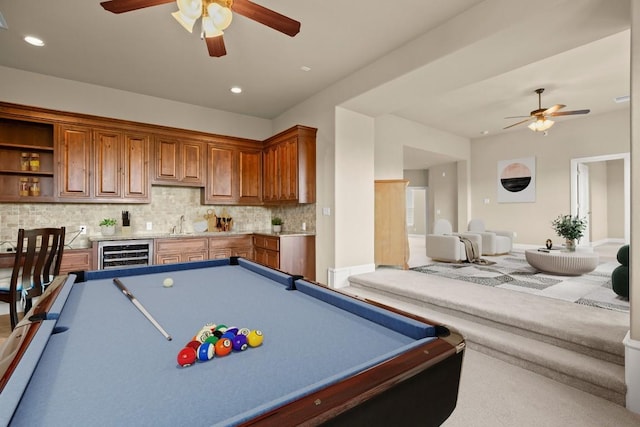 playroom featuring billiards, wine cooler, and ceiling fan