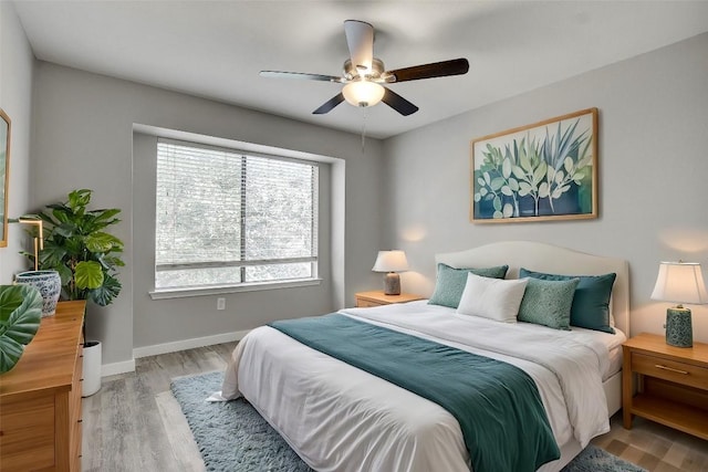 bedroom featuring ceiling fan and light hardwood / wood-style flooring