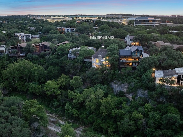 view of aerial view at dusk