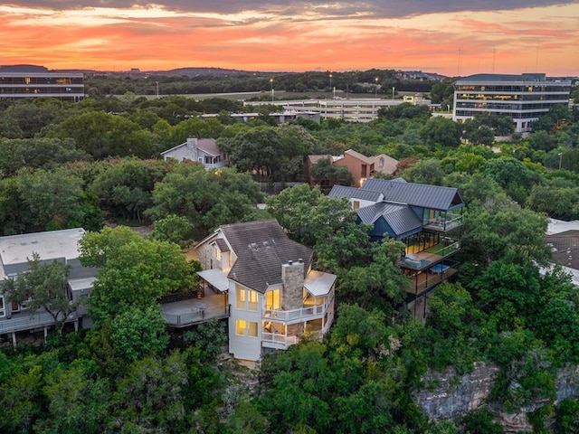 view of aerial view at dusk