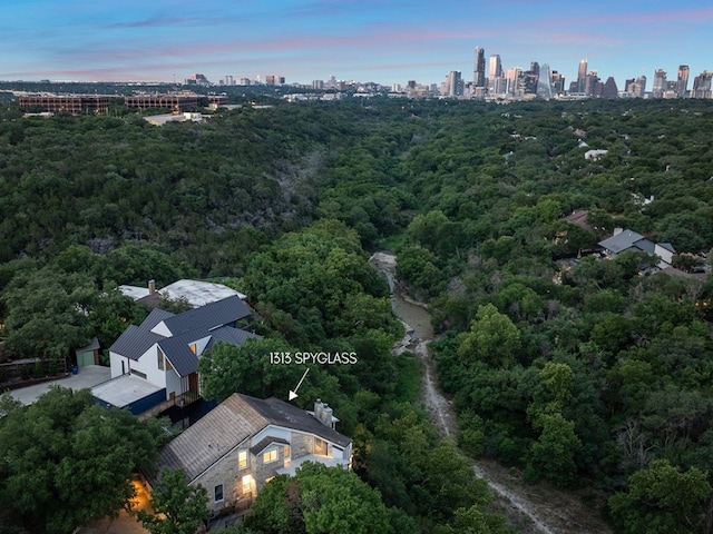 view of aerial view at dusk