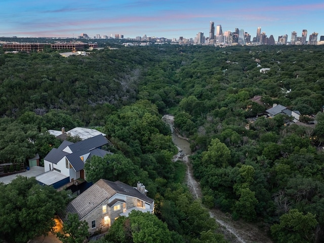 view of aerial view at dusk