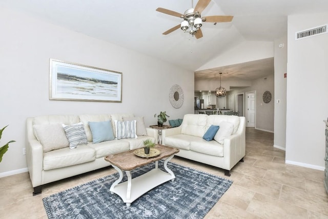 living room featuring high vaulted ceiling and ceiling fan