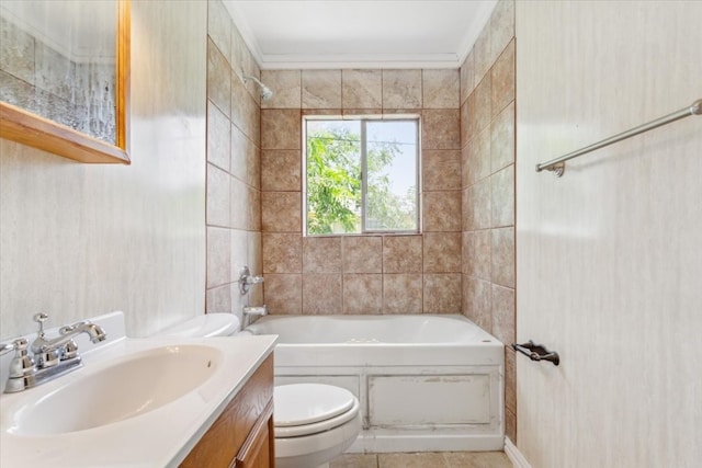 full bathroom with tile patterned floors, bathing tub / shower combination, toilet, and vanity