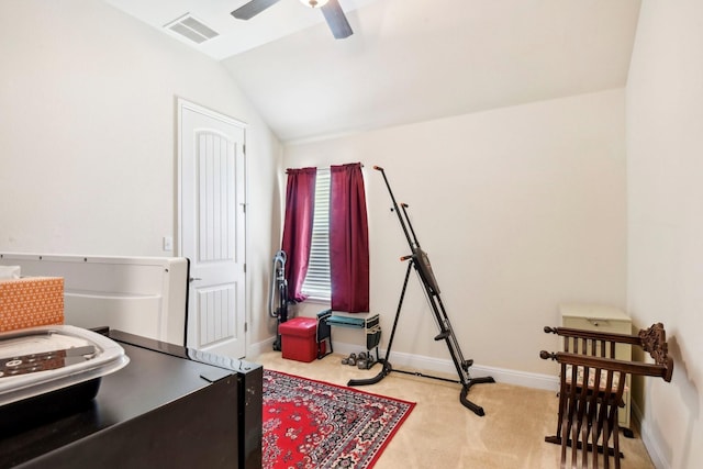 interior space with lofted ceiling and ceiling fan