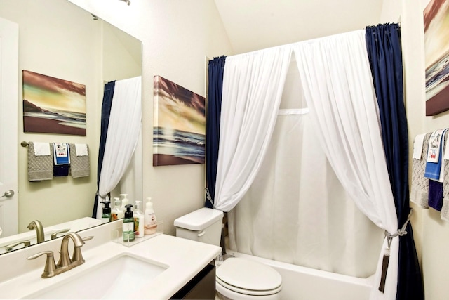 full bathroom with toilet, vanity, and shower / bath combination with curtain