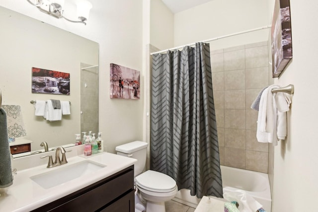 full bathroom with toilet, vanity, and shower / bathtub combination with curtain