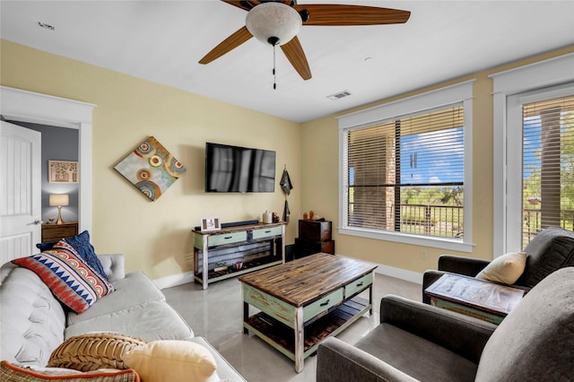 living room featuring ceiling fan and plenty of natural light