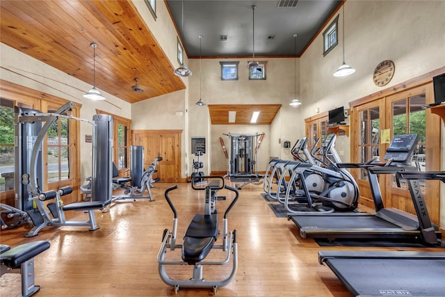 workout area with a wealth of natural light, light hardwood / wood-style floors, and a high ceiling