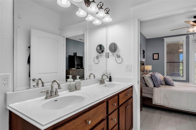 bathroom with vanity, tile patterned floors, and ceiling fan