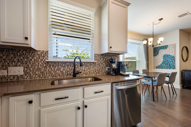 kitchen featuring pendant lighting, sink, stainless steel dishwasher, and white cabinets