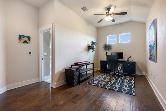 office with dark wood-type flooring, vaulted ceiling, and ceiling fan