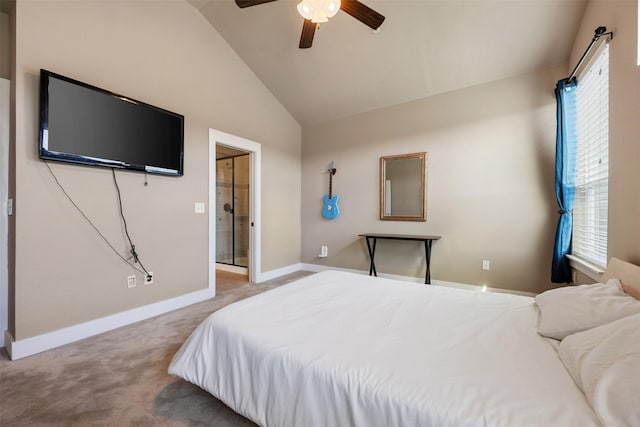 carpeted bedroom featuring multiple windows, lofted ceiling, and ceiling fan