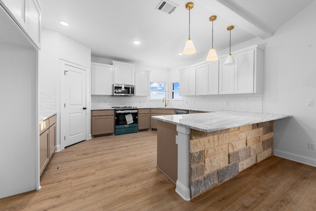 kitchen featuring tasteful backsplash, white cabinets, appliances with stainless steel finishes, light hardwood / wood-style flooring, and kitchen peninsula