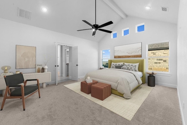 carpeted bedroom featuring ceiling fan, high vaulted ceiling, and beamed ceiling