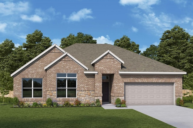 view of front of home with a garage and a front lawn