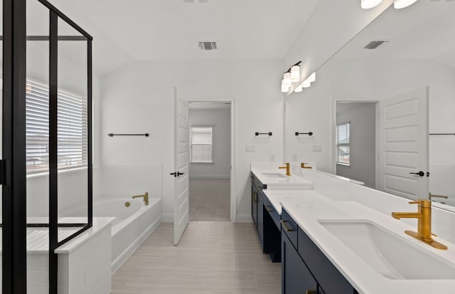 bathroom featuring a bathing tub, a healthy amount of sunlight, and vanity